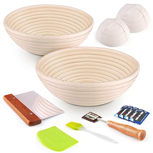 Bread Banneton Proofing Basket 2 Set- KAQINU 9 Inch &10 Inch Round Baking Bowl Kit for Sourdough with Dough Scraper, Bread Lame, Brotform Cloth Liner, Basting Brush for Professional & Home Bakers