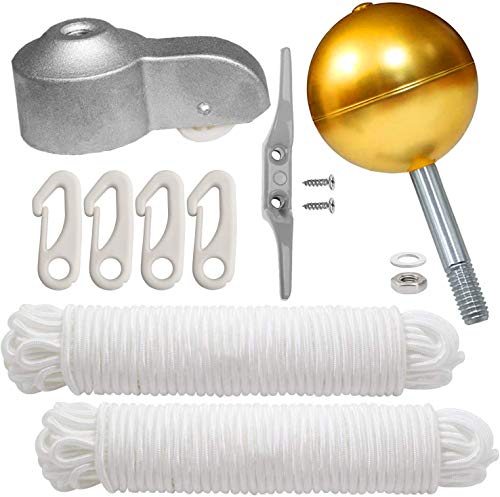 PISSION Flagpole Hardware Repair Kits - 3' Gold Ball / 2pcs 46ft Flag Halyard Rope / 4' Cleat Hook / 4pcs Flag Clip Hooks/Hex Nuts/Flat Washers/Flagpole Truck for 2' Top