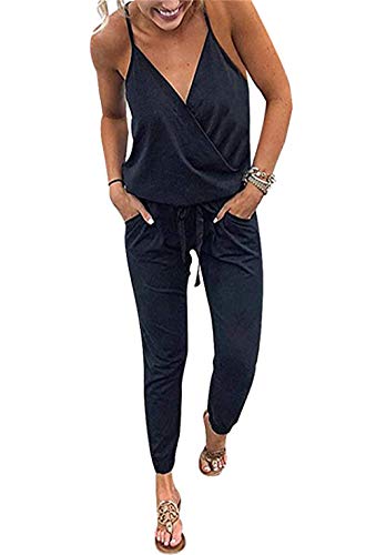 PRETTYGARDEN Women’s Sexy Deep V Neck Spaghetti Strap Drawstring Waist Jumpsuit Romper with Pockets