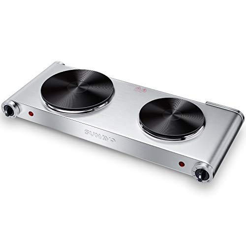 SUNAVO Hot Plates for Cooking Portable Electric Double Burner 1800W 5 Power Levels Cast-Iron Stainless Steel Silver