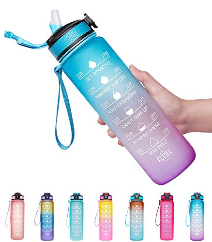 Giotto 32oz Large Leakproof BPA Free Drinking Water Bottle with Time Marker & Straw to Ensure You Drink Enough Water Throughout The Day for Fitness and Outdoor Enthusiasts-Ombre Green Purple