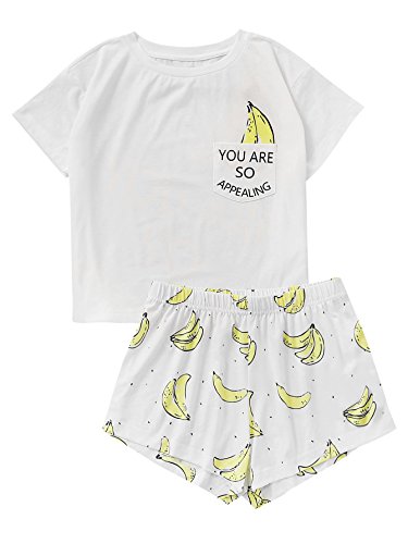 DIDK Women's Cute Cartoon Print Tee and Shorts Pajama Set White Banana S