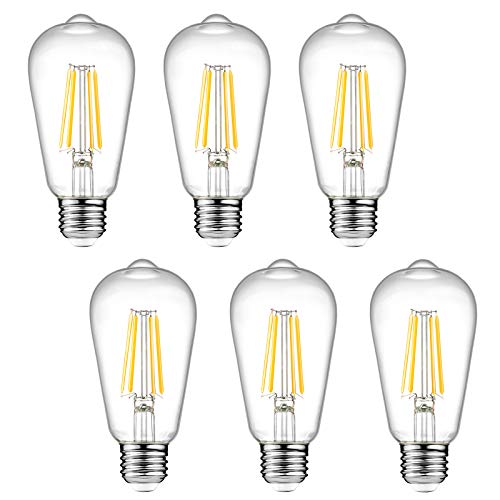 Dimmable Ascher Vintage LED Edison Bulbs, 6W, Equivalent 60W, 700lm, Warm White 2700K, ST58 Antique LED Filament Bulbs, E26 Medium Base, Clear Glass, Pack of 6