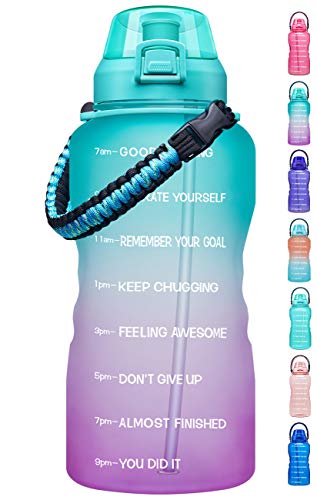 Giotto Large 1 Gallon Motivational Water Bottle with Paracord Handle & Removable Straw - Leakproof Tritan BPA Free Fitness Sports Water Jug with Time Marker-1G-Green/Purple Gradient