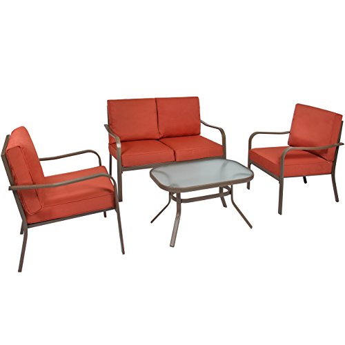 Best Choice Products 4-Piece Cushioned Metal Conversation Set w/ 2 Chairs and Glass Top Coffee Table - Red
