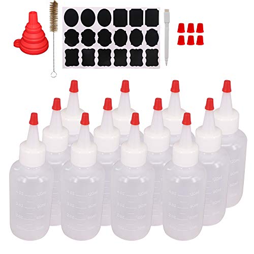 Belinlen 12 Pack 4-Ounce Plastic Squeeze Bottles with 12pcs Red Tip Caps and Measurement - Good for Crafts, Art, Glue, Multi Purpose Set of 12 with extra 6 Red Cap 18 Chalk Labels and 1 Pen