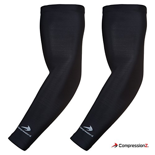CompressionZ Compression Arm Sleeves for Men & Women - UV Protection - Sports Elbow Sleeve Baseball Basketball Tennis Golf Arm Warmers (Black, XL)