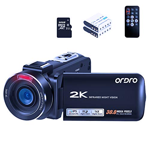 ORDRO Video Camera 2K Camcorder HDV-Z63 QHD 2K 30fps 30MP WiFi Camera Recorder Infrared Night Vision Digital Cameras YouTube Vlogging Camcorders with 32GB MicroSDHC Card and 2 Batteries