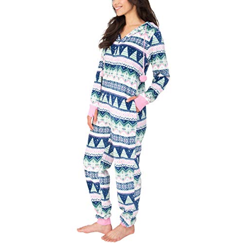 Munki Munki Ladies Hooded Fleece Onesie with Pockets, One-Piece Pajama (XL, Pink/Fair Isle)