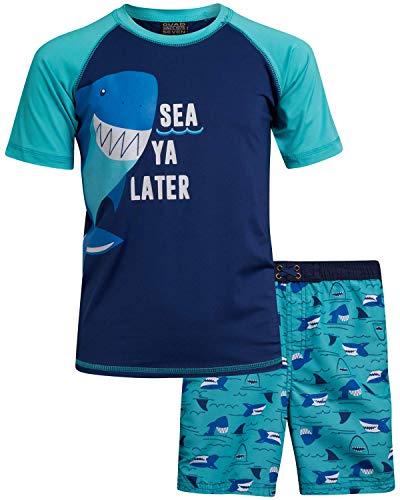 Quad Seven Boys 2-Piece Rash Guard and Trunk Swimsuit Set, Size 4, Shark/See ya Later