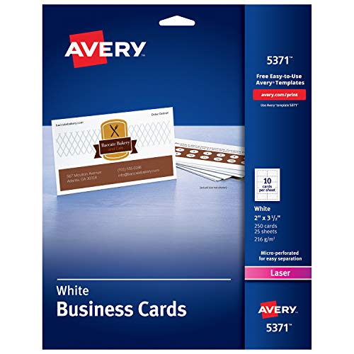 AVERY 2' x 3.5' Business Cards, Sure Feed Technology, for Laser Printers, 250 Cards (5371), White (05371)