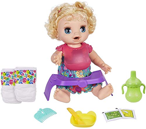 Baby Alive Happy Hungry Baby Blond Curly Hair Doll, Makes 50+ Sounds & Phrases, Eats & Poops, Drinks & Wets, for Kids Age 3 & Up