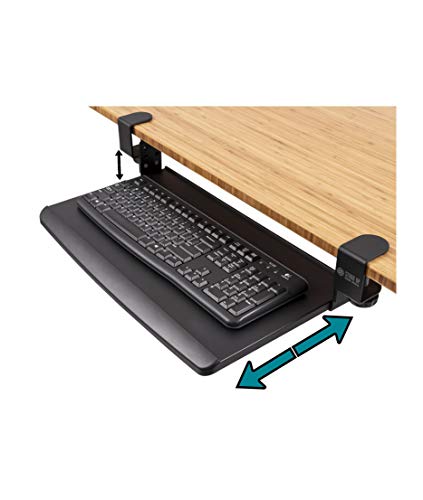 Stand Up Desk Store Compact Clamp-On Retractable Adjustable Keyboard Tray/Under Desk Keyboard Tray | Increase Comfort and Usable Desk Space | for Desks Up to 1.5' (20” x 11.5”) (Black) (Small)