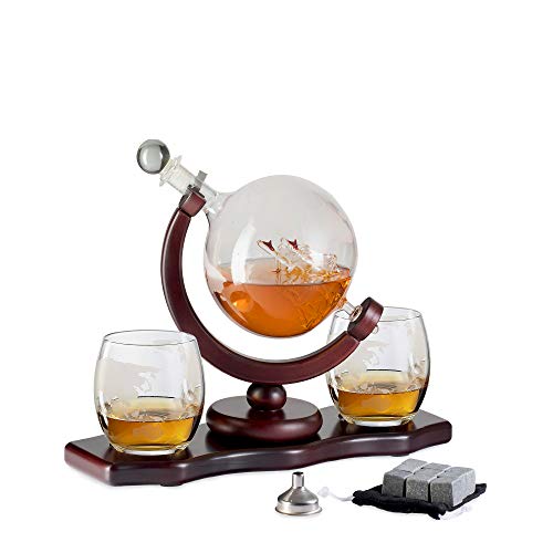 Chefoh Glass Globe Decanter Set w/Whiskey Glasses, Reusable Steel Ice Cubes, Cherry Wood Stand, Tongs, Pour Funnel | Liquor, Wine, Scotch | Vintage Home, Dining, Bar Decor
