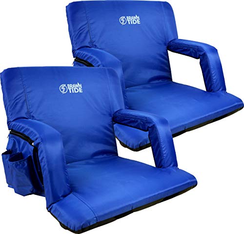 Brawntide Stadium Seat with Back Support - 2 Pack, Extra Wide, Thick Padding, Reclining Back, Bleacher Strap, 4 Pockets, Ideal Stadium Chair for Sport Events, Camping, Concerts (Blue, Regular Size)