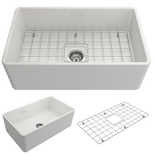 BOCCHI 1138-001-0120 Classico Apron Front Fireclay 30 in. Single Bowl Kitchen Sink with Protective Bottom Grid and Strainer in White