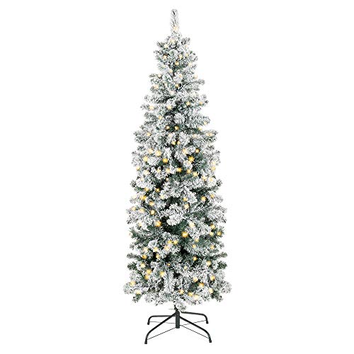 Best Choice Products 6ft Pre-Lit Artificial Snow Flocked Pencil Christmas Tree Holiday Decoration w/ 250 Clear Lights