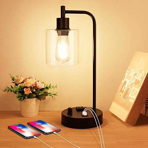 Industrial Table Lamp, Stepless Dimmable Vintage Bedside Nightstand Lamp with 2 USB Ports and AC Power Outlet, Glass Shade Farmhouse Lamp for Bedroom Living Room Office, LED Bulb Included