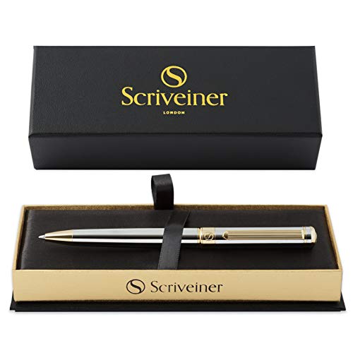 Luxury Pen by Scriveiner London - Stunning Silver Chrome Ballpoint Pen with 24K Gold Finish, Schmidt Black Refill, Best Ball Pen Gift Set for Men & Women, Professional, Executive, Office, Nice Pens