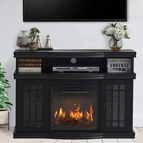 GOOD & GRACIOUS Electric Fireplace TV Stand, Fit up to 50' Flat Screen TV with Two Tempered Glass Cabinet Entertainment Center for Living Room, Black