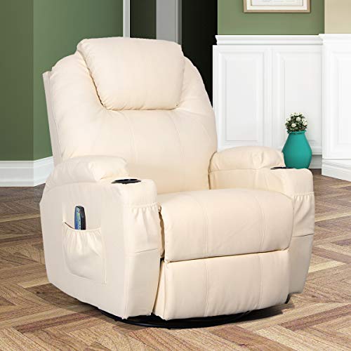 Esright Massage Recliner Chair Heated PU Leather Ergonomic Lounge 360 Degree Swivel (Cream)