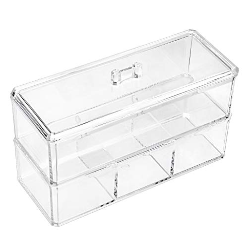 Hipiwe 4 Compartments Acrylic Cotton Ball and Swab Holder - Double Deck Makeup Storage Container with Lid Clear Pad Q-tip Organizer Case for Office, Bathroom, Kitchen Supplies