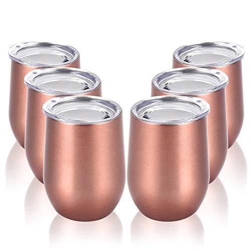 Stainless Steel Stemless Wine Tumbler Funny Wine Glasses with Lid Double Wall Vacuum Insulated Wine Cup for Wine, Champagne, Cocktails, Soda, Whiskey and Beer Set of 6 Rose Gold 12 Oz
