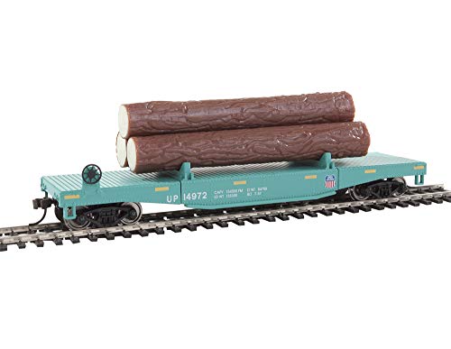 Walthers Trainline HO Scale Model Log Dump Car with 3 Logs - Union Pacific #14972 (Mow Scheme, Green, Yellow Conspicuity Marks)