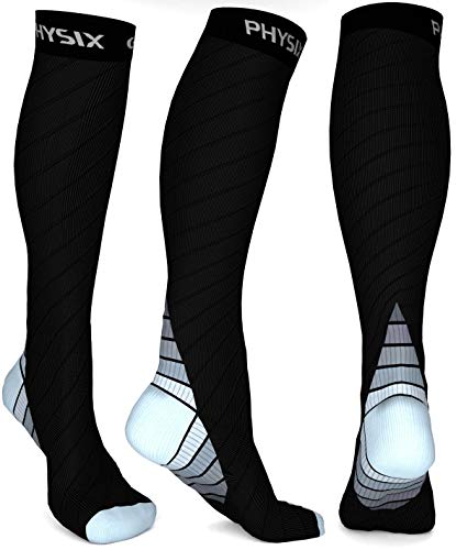 Physix Gear Compression Socks for Men & Women 20-30 mmhg, Best Graduated Athletic Fit for Running Nurses Shin Splints Flight Travel & Maternity Pregnancy -Boost Stamina Circulation & Recovery GRY LXL