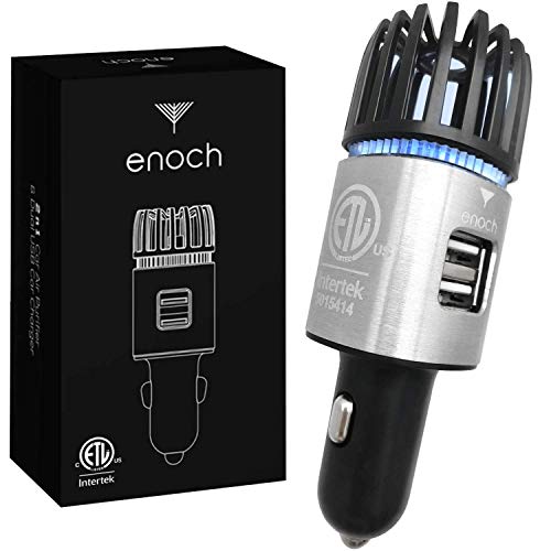 Enoch Car Air Purifier with USB Car Charger 2-Port. Car Air Freshener Eliminate Odor, Dust, Pollen. Removes Smoke, Pet and Food Odor, Ionic Ozone. Ionic Car Deodorizer. Color-Silver