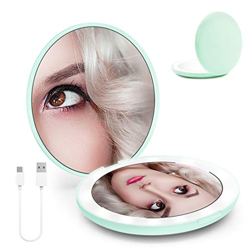 Compact Mirror with LED Light, 1x/10x Double Sided Magnifying Lighted Makeup Mirror, 3.5' Illuminated Folding Hand Mirror Portable for Handbag, Purse, Pocket, Rechargeable Girls Women's Travel Mirror