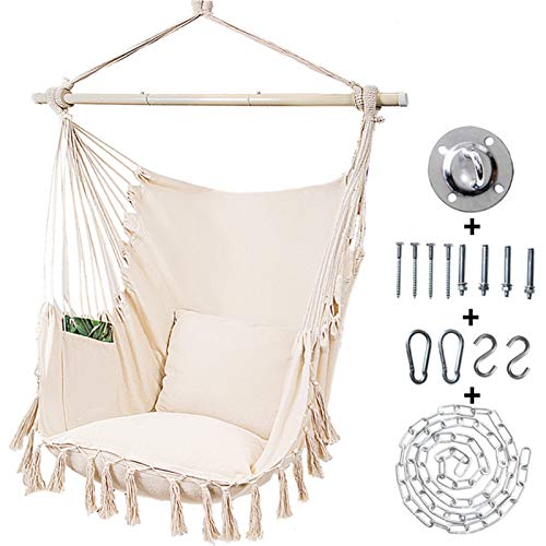 Kanchimi Hanging Chair-Max 330 Lbs.Large Hammock Chair with Detachable Metal Support Bar& Side Pocket.Hanging Rope Swing for Patio Bedroom or Tree- 2 Removable Seat Cushions Included（White）