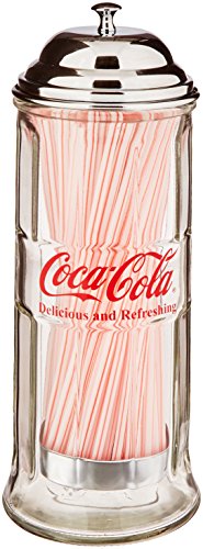 Tablecraft Coca-Cola Glass Straw Dispenser with Metal Lid, Small