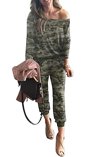 PRETTYGARDEN Women's Casual Long Sleeve Jumpsuit Crewneck One Off Shoulder Elastic Waist Stretchy Romper with Pockets (Camouflage, Medium)