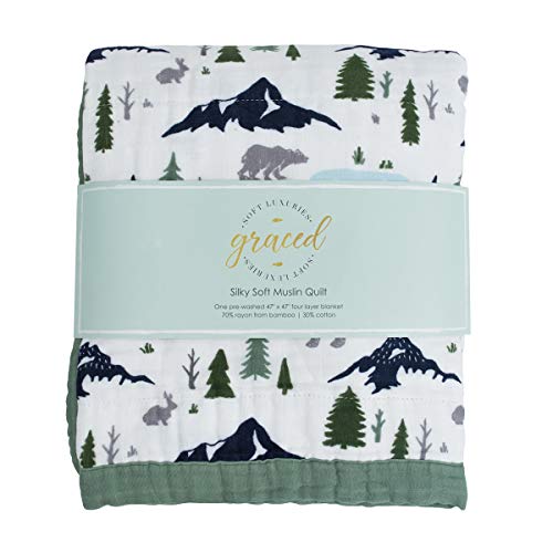 GRACED SOFT LUXURIES Softest Large 4-Layer Bamboo Muslin Quilt, 47' x 47' Bamboo + Cotton Blanket, Bear's Forest