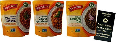 Tasty Bite Heat and Eat Indian Cuisine Microwave Meals | 3 Flavor Variety (1) each: Channa Masala, Jaipur Vegetables, Spinach Dal (10 Ounces) Plus Recipe Booklet Bundle