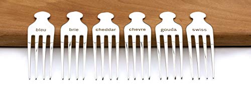 RSVP International Endurance (FRK-6) Stainless Steel Fork Cheese Markers, Set of 6 | Preprinted with Brie, Bleu, Chevre, Cheddar, Gouda, Swiss | Great for Parties & Events | Dishwasher Safe