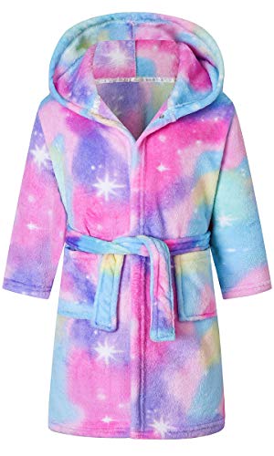 Girl's Robe Colorful Galaxy Tie Dye Printed Hooded Bathrobes Sleepwear with Belt and Pockets, Pink Blue, 12-13 Years = Tag 180