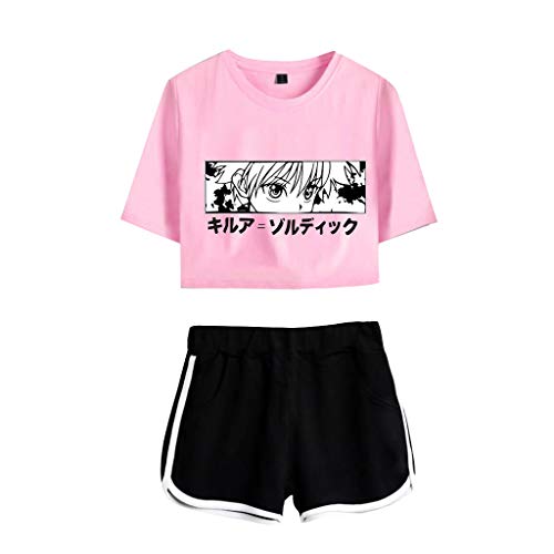 Hunter x Hunter Crop Top and Shorts Anime Killua Eyes T-Shirt & Pants Manga Active Sweatsuits for Women Teen Girls (B-pinkblack,M)