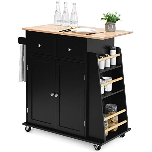 Giantex Kitchen Island Cart, Rolling Wood Trolley with Storage Cabinet, Towel Handle, 2 Drawers, Side Spice Rack and Wine Bottle Rack, Kitchen Cart on Wheels, Rubber Wood Countertop (Black)