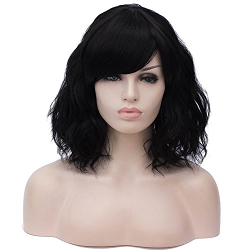 Iciwueen Short Curly Wavy Wigs for Women, Black Bob Wavy Wig with Bangs Natural Looking Heat Resistant Premium Synthetic Wigs for Girls Lady Cosplay Party Daily Wear Durable