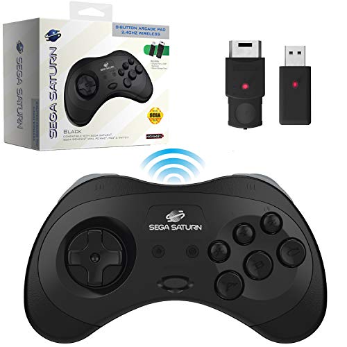 Retro-Bit Official Sega Saturn 2.4 GHz Wireless Controller 8-Button Arcade Pad for Sega Saturn, Sega Genesis Mini, Switch, PS3, PC, Mac - Includes 2 Receivers & Storage Case (Black)