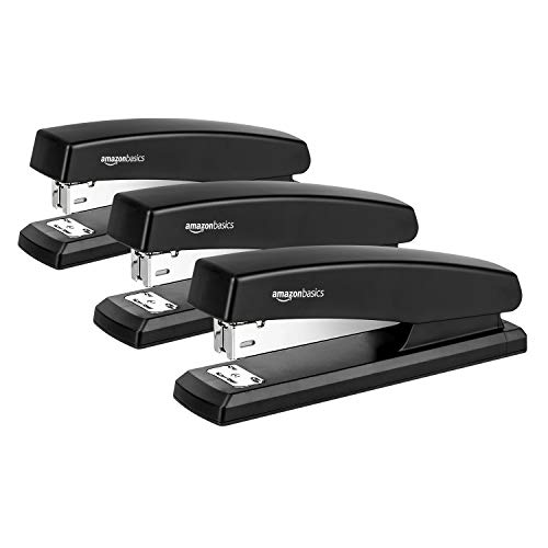 AmazonBasics 10-Sheet Capacity, Non-Slip, Office Stapler with 1000 Staples, Black - Pack of 3