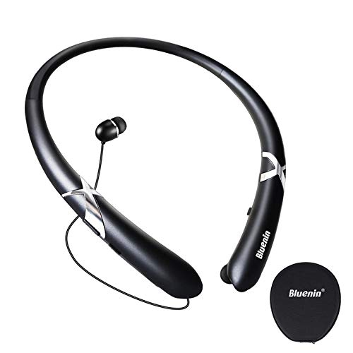 Bluetooth Headphones, Bluenin Bluetooth 5.0 Neckband Wireless Headphones Noise Cancelling Headset with Carrying Case Retractable Earbuds Stereo Earphones with Mic (Matte Black)