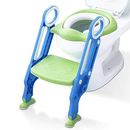 Mangohood Potty Training Toilet Seat with Step Stool Ladder for Boys and Girls Baby Toddler Kid Children Toilet Training Seat Chair with Handles Padded Seat Non-Slip Wide Step (Blue Green)