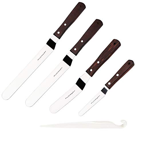 PUCKWAY 4PCS Cake Decorating Icing Spatula set with 4, 6, 8 & 10 Inch Stainless Steel Blade, Wood Handle Frosting Spatulas and Cake Stripping Tool (Offset Spatulas 4, 6, 8 & 10 Inch)