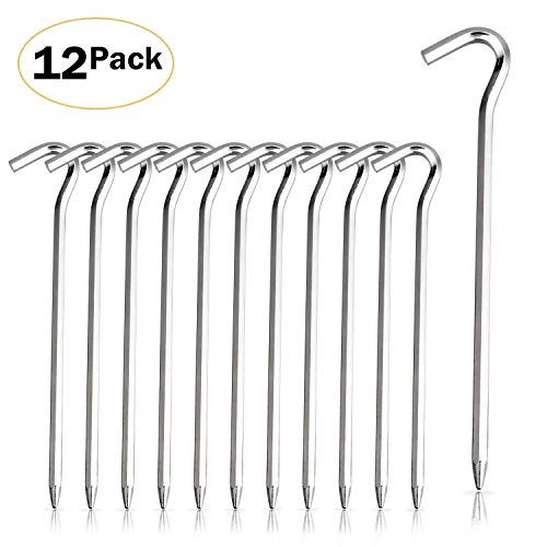 FANBX F Tent Pegs - 12Pcs Aluminium Tent Stakes Pegs with Hook - 7’’ Hexagon Rod Stakes Nail Spike Garden Stakes Camping Pegs for Pitching Camping Tent, Canopies (Silver)