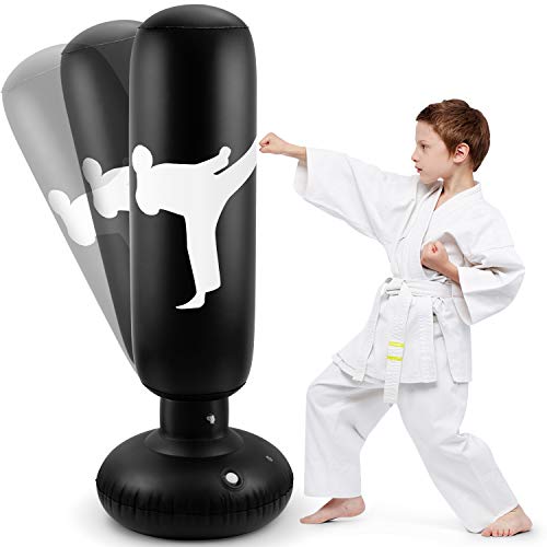 LEAZEAL Punching Bag with Stand, 63inch Boxing Bag Inflatable Punching Bag for Kids Freestanding Boxing Speed Bag for Practicing Karate, Taekwondo, MMA(Black)
