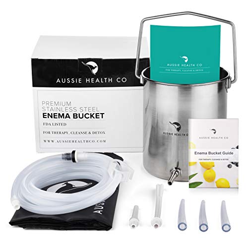 Aussie Health Co Enema Kit - Non-Toxic Stainless Steel 2 Quart Bucket - Ideal for Home Coffee or Water Colon Cleansing Detox Enemas - Includes Nozzle Tips, Guide Book, and Discrete Storage Bag