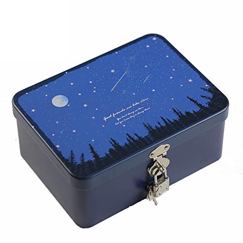 dream_light Retro Style Rectangle Tinplate Storage Box with Padlock, Home Kitchen Desktop Storage Tin Canister, Chocolate Candy Tea Coffee Cosmetics Jewelry Photos Gift Case (Meteor Shower)